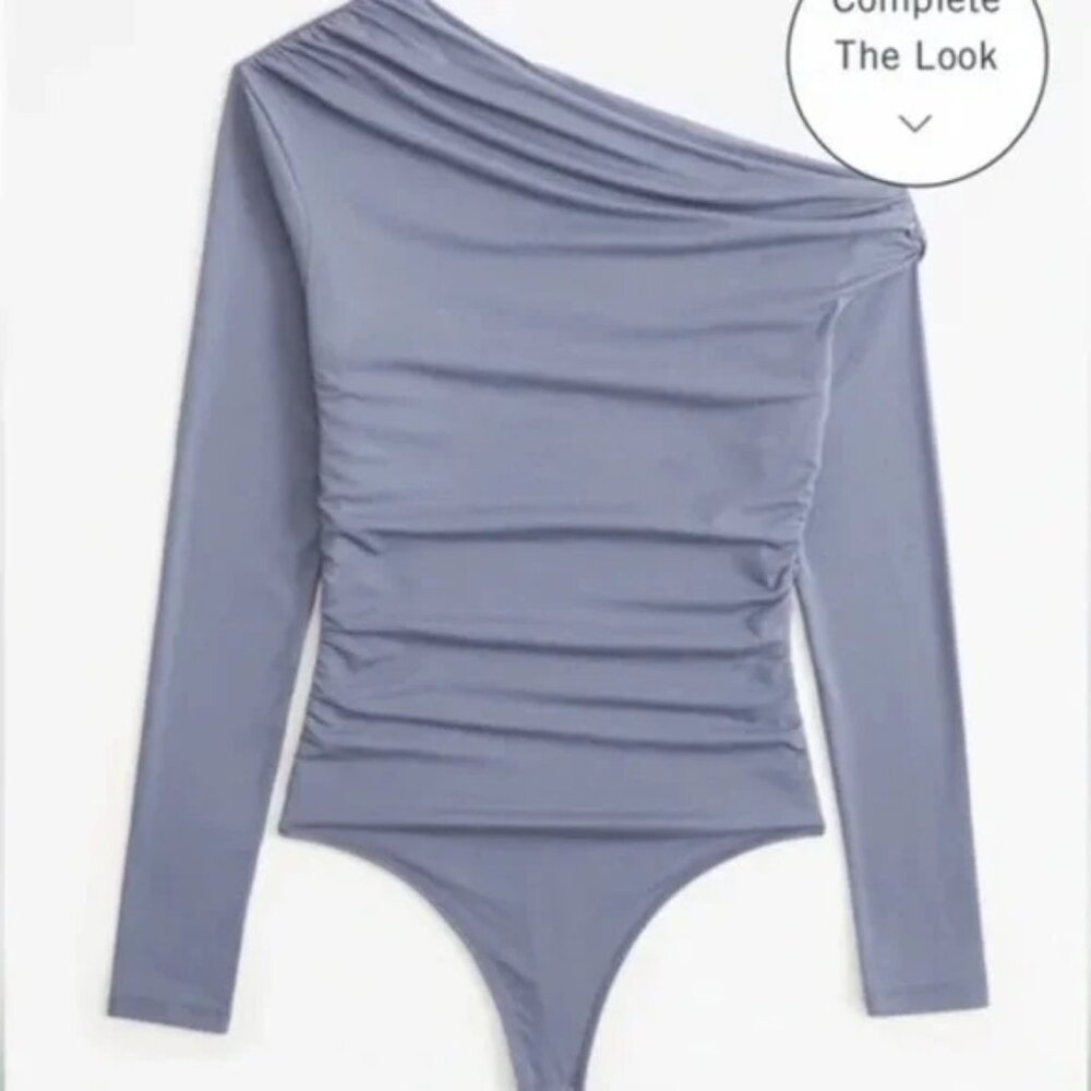 Abercrombie & Fitch Blue Draped Asymmetrical Long Sleeve Thong Bodysuit XXS - Picture 3 of 8